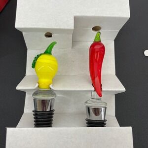 Sandra Alexandra Set of‎ 2 Glass Bottle Stoppers Chili Pepper Lemon Red Yellow